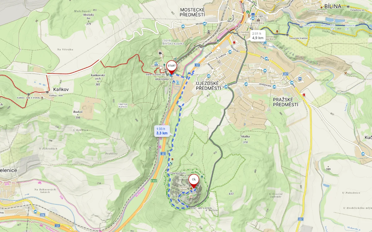 Mapa trasy na Bořeň z Bíliny a Kyselky