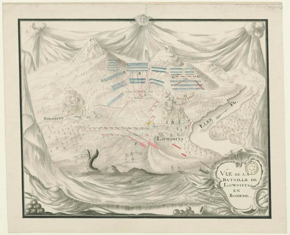 Dobový plán bitvy u Lovosic z roku 1756 s postavením pluků, hořícím městem a Labem