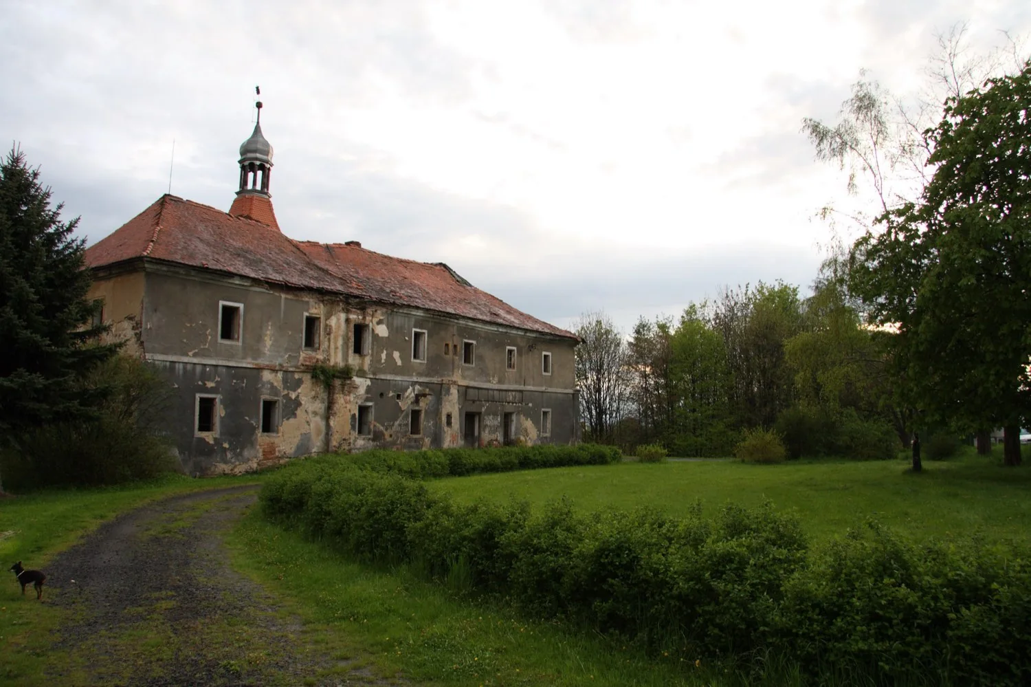 Zámek Mirošovice jako ruina, omítka opadaná, střecha poškozená