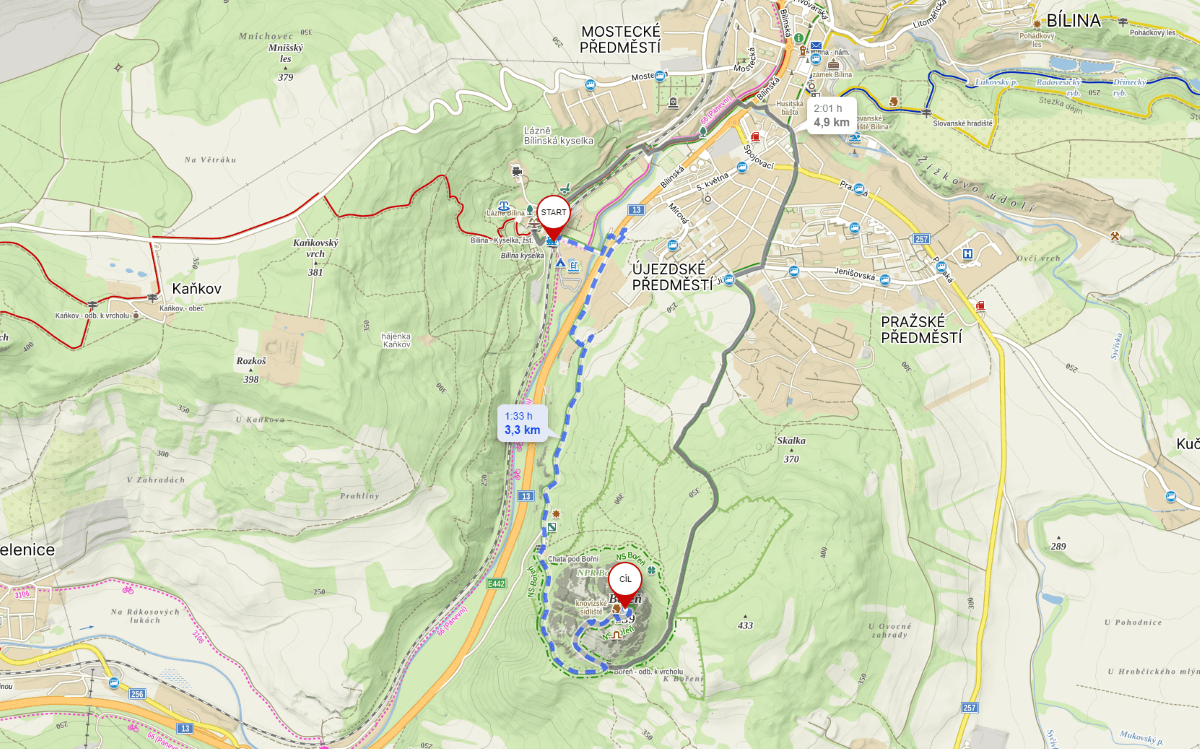 Mapa trasy na Bořeň z Bíliny a Kyselky